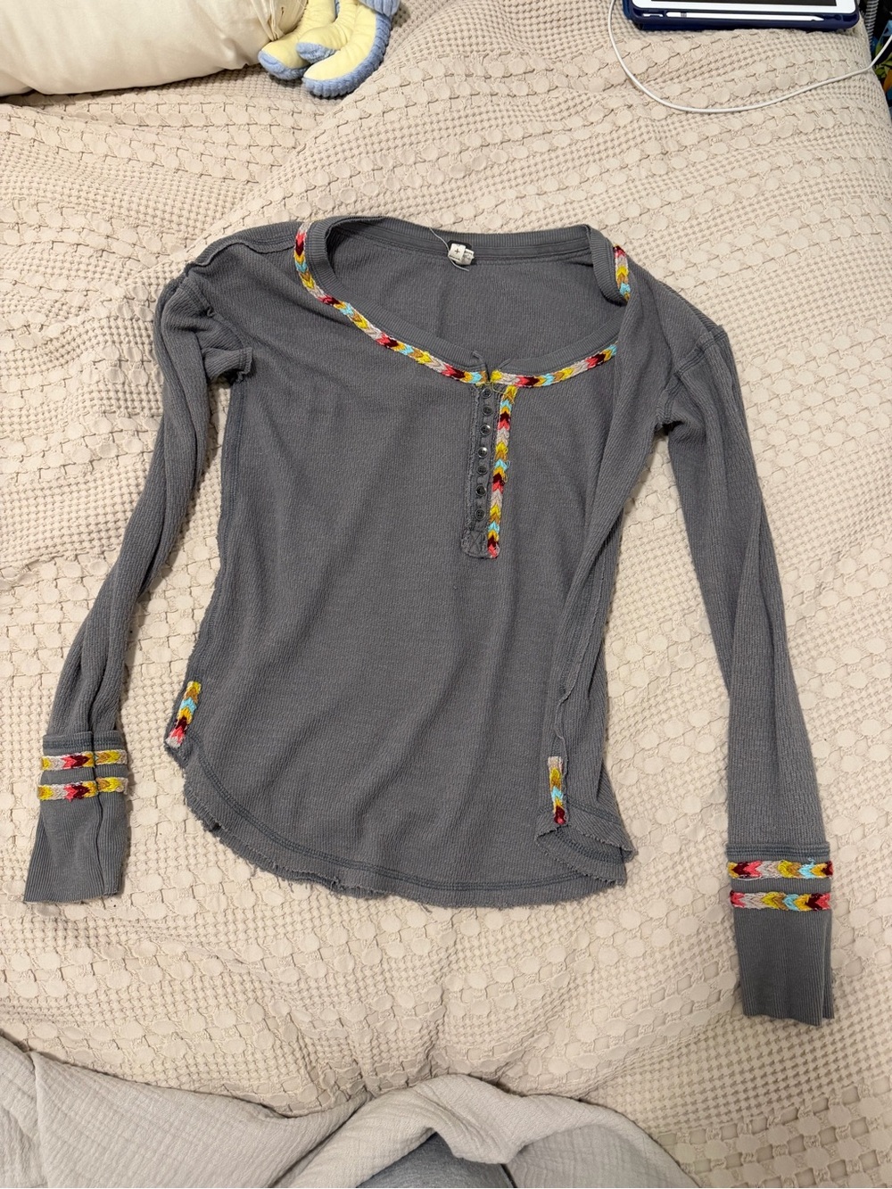 Free People Waffle Knit Long-Sleeve Top with Multicolor Trim - Gray